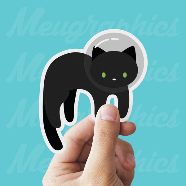 Black Space Cat Vinyl Sticker with Green Eyes